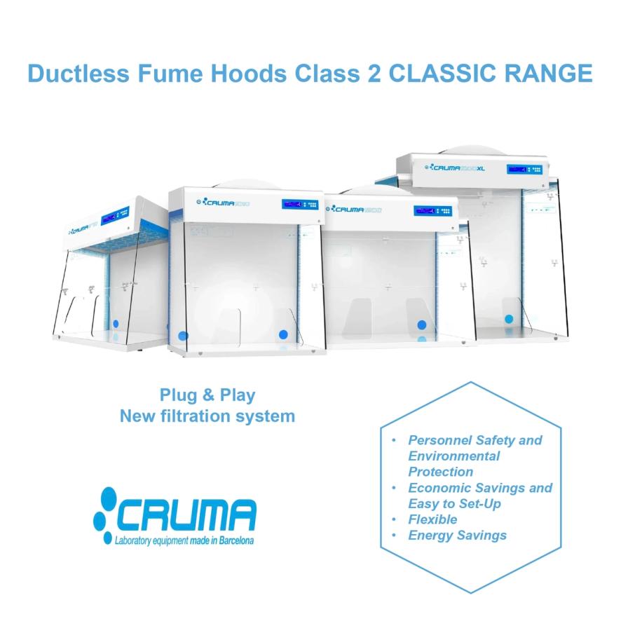 Banner image showing CRUMA ductless fume hoods from the Class 2 classic range