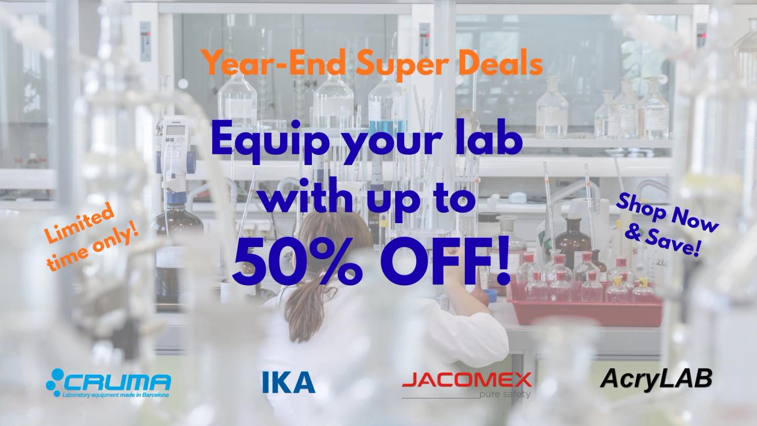 Year-End Super Deals banner promoting up to 50% off laboratory equipment, limited time offer.