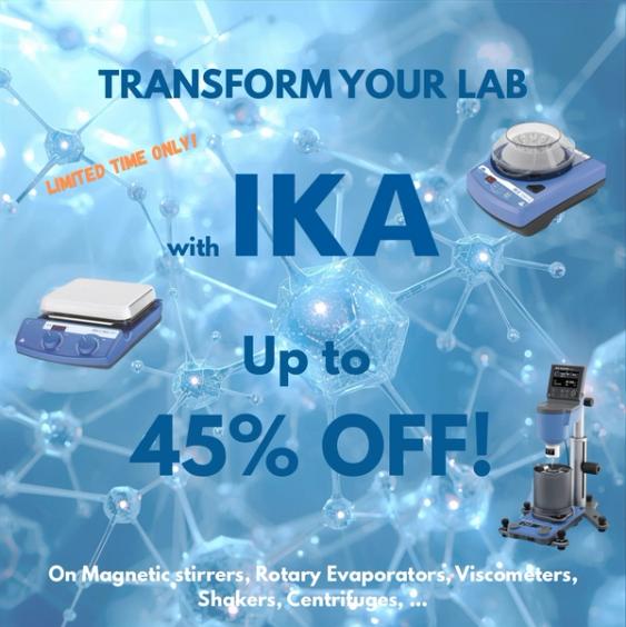 Banner showing various IKA lab equipment with text: Transform your lab with IKA, up to 45% off, limited time only.
