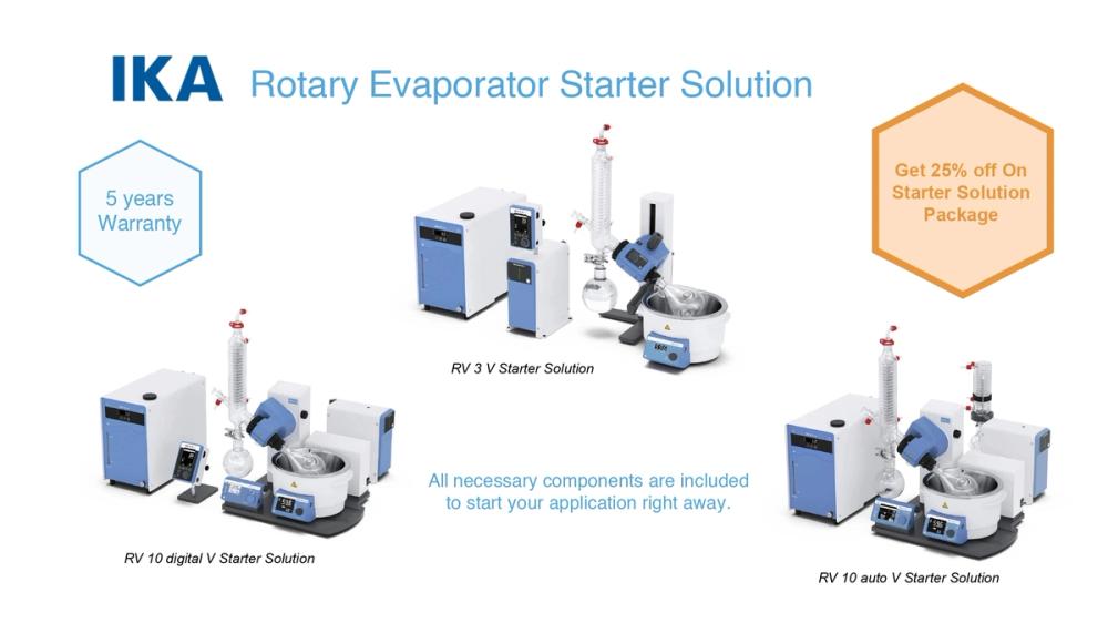 Banner featuring IKA rotary evaporator starter solutions with 5 years warranty and get 25% off on starter solution package offer