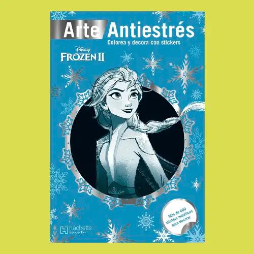 Una portada de libro de colorear de Frozen II con la imagen de Elsa en un marco de copos de nieve.