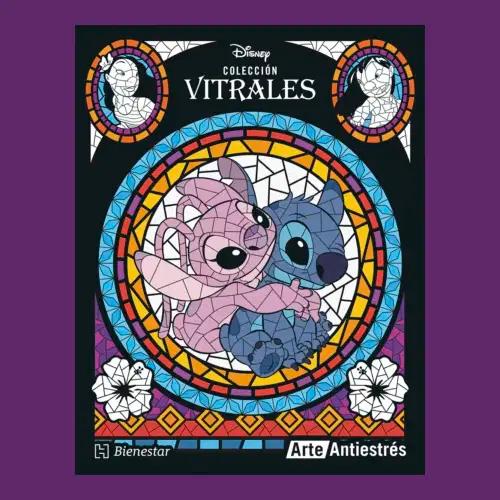 Una portada de libro con Stitch y Angel de Disney en un diseño de vidriera.