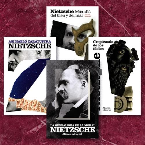 Cinco portadas de libros de Nietzsche: "Más allá del bien y del mal," "Así habló Zaratustra," "Crepúsculo de los ídolos," y "La genealogía de la moral".