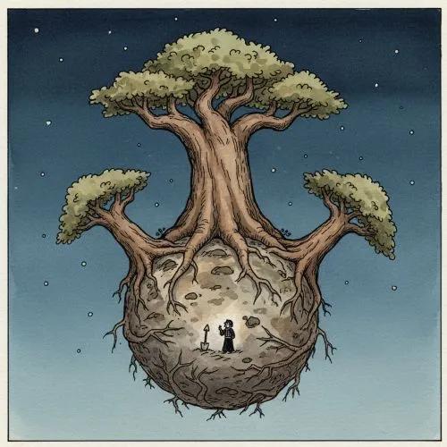 Una ilustración de un asteroide con raíces profundas que sostienen un gran árbol con tres ramas principales, mientras que una persona diminuta lo contempla desde abajo.