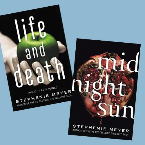 Dos portadas de libros de Stephenie Meyer, "Life and Death" con una manzana verde y "Midnight Sun".