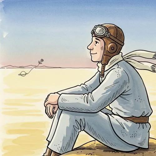 La ilustración de un piloto, probablemente el narrador, sentado en un terreno desértico y mirando hacia un asteroide distante con una rosa.