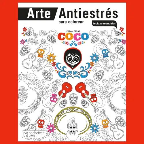 La portada de un libro sobre la película Coco de Disney Pixar, con un diseño para colorear con calaveras y guitarras.