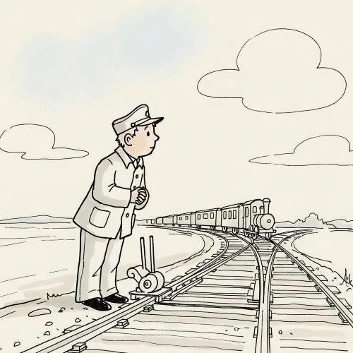 Una ilustración de un jefe de estación, que lleva un gorro y un uniforme, de pie junto a un ferrocarril con un tren que se aleja.