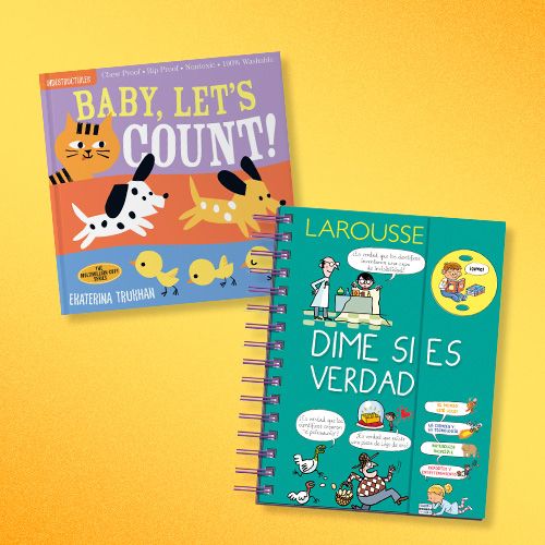Dos libros para niños apilados sobre un fondo degradado de naranja a amarillo. El libro superior es "Baby, Let's Count!" y el inferior es "Dime si es verdad" de Larousse, con ilustraciones de personajes y conceptos.