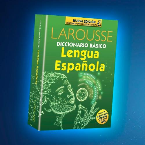 Una imagen de un diccionario Larousse verde titulado "Diccionario Básico Lengua Española".