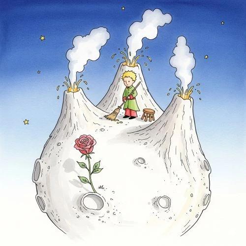 Una ilustración del Principito, con su traje verde, barriendo los volcanes de su asteroide, que también tiene una rosa solitaria.