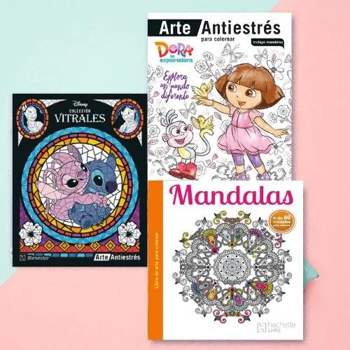 Arte Antiestrés de Dora la Exploradora, un libro de "Colección Vitrales" de Disney con Stitch y Angel, y un libro de "Mandalas" para colorear.