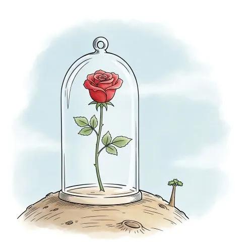 La ilustración de una rosa bajo una cúpula de cristal, que crece de un asteroide.