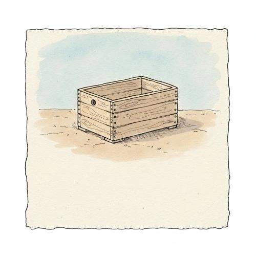 Un boceto a tinta y acuarela de una simple caja de madera vacía.