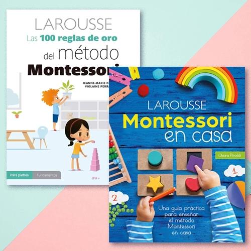 "Las 100 reglas de oro del método Montessori" con ilustraciones de niños, y el otro es "Montessori en casa".
