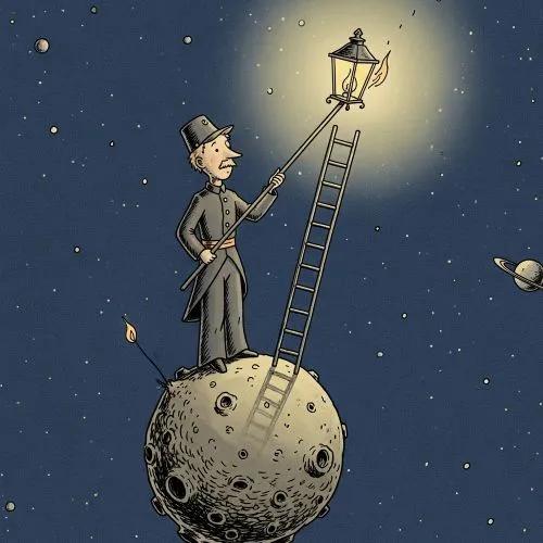 Una ilustración del farolero del libro, un hombre con un gran sombrero de copa y un uniforme, de pie en un asteroide mientras enciende un farol.