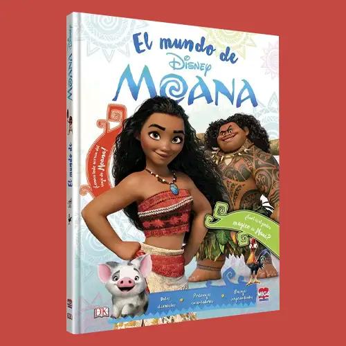 Una portada de libro de la película Moana de Disney, con la protagonista, Maui y el cerdito Púa.