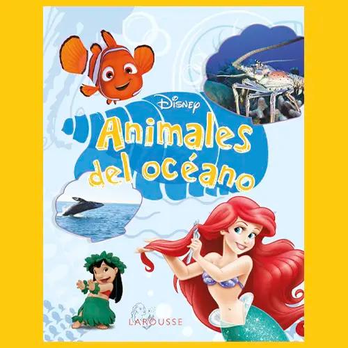 Una portada de un libro de Disney Animales del Océano con un dibujo de Dory, un cangrejo de río, un delfín, Lilo y Ariel.