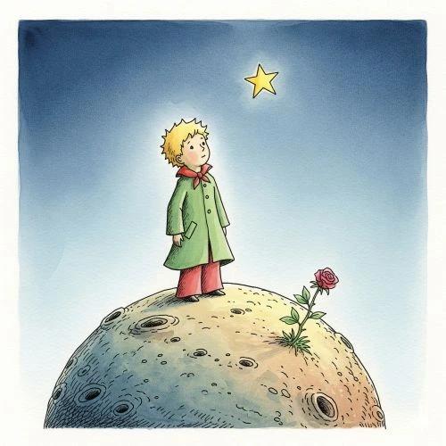 Una ilustración del Principito, que lleva un traje verde, de pie en su asteroide y mirando hacia una estrella brillante en la distancia.