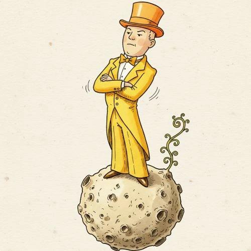 Una ilustración del hombre vanidoso del libro, que lleva un traje amarillo y un sombrero de copa, de pie con los brazos cruzados sobre un pequeño asteroide.