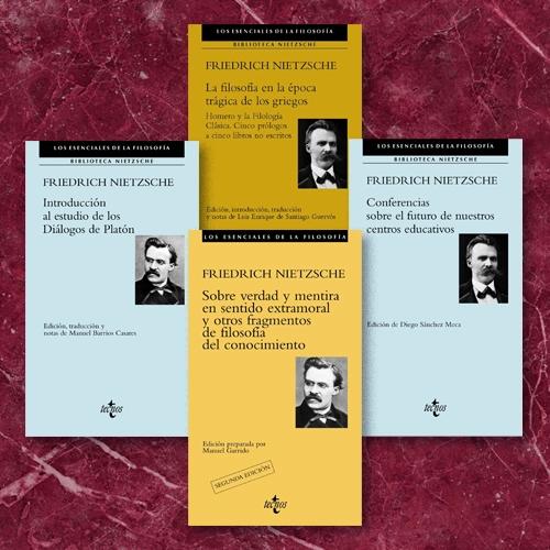 Cuatro libros de filosofía de Friedrich Nietzsche con portadas predominantemente amarillas y azules claras, presentando retratos de Nietzsche y títulos como "La filosofía en la época trágica de los griegos" y "Sobre verdad y mentira".