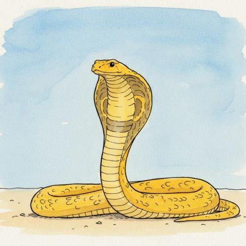 Una ilustración de una serpiente cobra amarilla con la cabeza levantada y la capucha extendida, sobre un suelo arenoso.