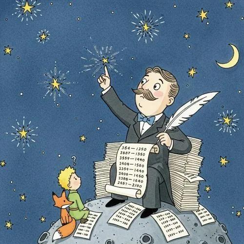 Una ilustración de un hombre con bigote, vestido con un traje de gala y un moño, que está sentado en una pila de papeles sobre un asteroide y apunta a una estrella.