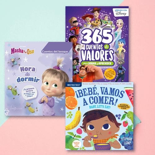 "Masha y el Oso Hora de dormir", "365 Cuentos de Valores" de Disney y "¡Bebé, vamos a comer!" de Indestructibles.