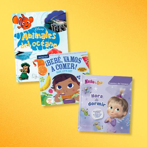 Tres libros infantiles apilados sobre un fondo amarillo vibrante. El libro superior es "Animales del Océano" de Disney, el del medio es "¡Bebé, vamos a comer!", y el inferior es "Masha y el Oso: Hora de dormir".