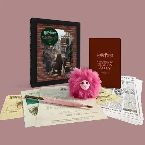 Un set de coleccionista "Harry Potter Diagon Alley" que incluye un libro, un peluche rosa de Pygmy Puff y varios documentos de réplica.