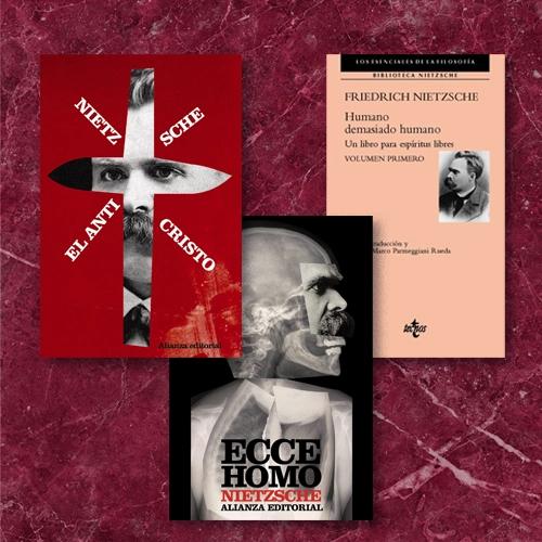 Tres libros de Nietzsche: "El Anticristo" con una cruz roja, "Humano, demasiado humano" de color salmón y "Ecce Homo".