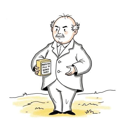 Una ilustración de un hombre corpulento y calvo, vestido de blanco, que sostiene una caja de píldoras.
