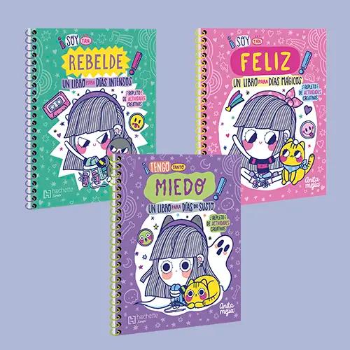 Tres cuadernos de actividades con ilustraciones de dibujos animados y títulos como "¡Soy tan rebelde!", "¡Soy tan feliz!" y "¡Tengo tanto miedo!".