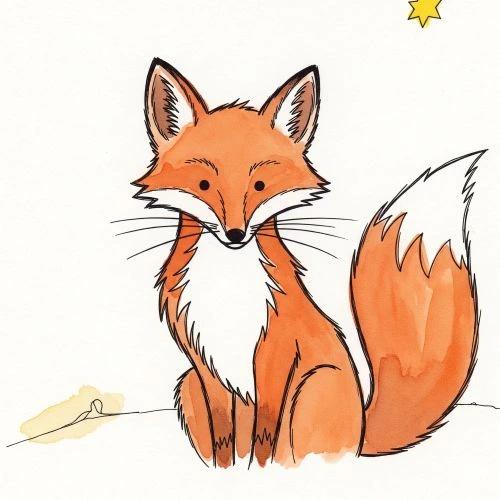 Un primer plano de una ilustración de un zorro anaranjado y blanco, con la cola espesa y la cabeza inclinada.