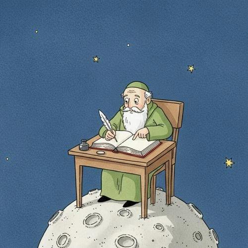 Una ilustración de un geógrafo de barba blanca, que lleva una túnica verde, sentado en su asteroide en un escritorio y escribiendo en un libro.
