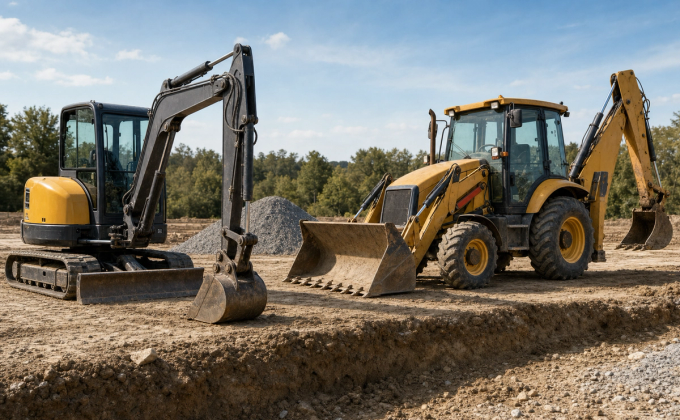 Compact tracked mini excavator beside a wheeled backhoe loader at an earthwork site