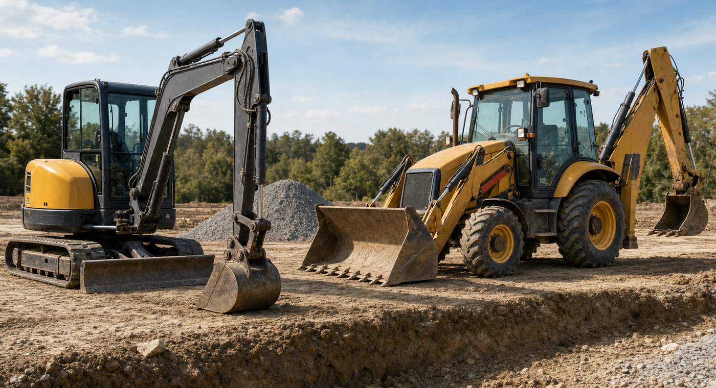 Compact tracked mini excavator beside a wheeled backhoe loader at an earthwork site