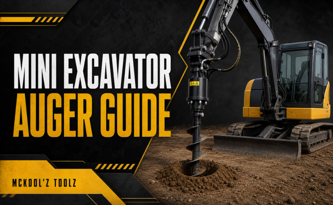 Mini excavator drilling a post hole with a hydraulic auger attachment