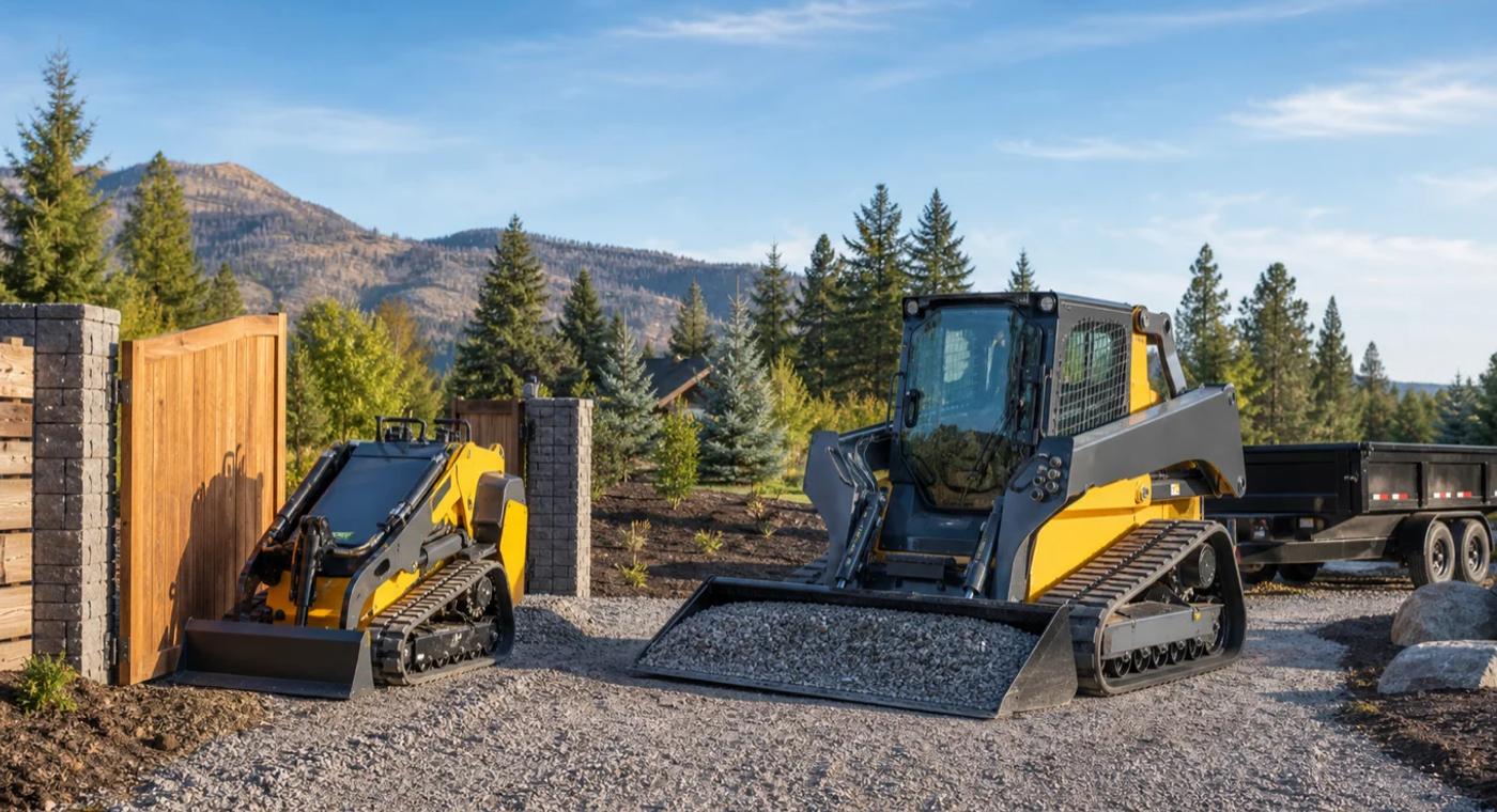 Narrow stand-on utility track loader beside a larger compact track loader at a landscaping jobsite
