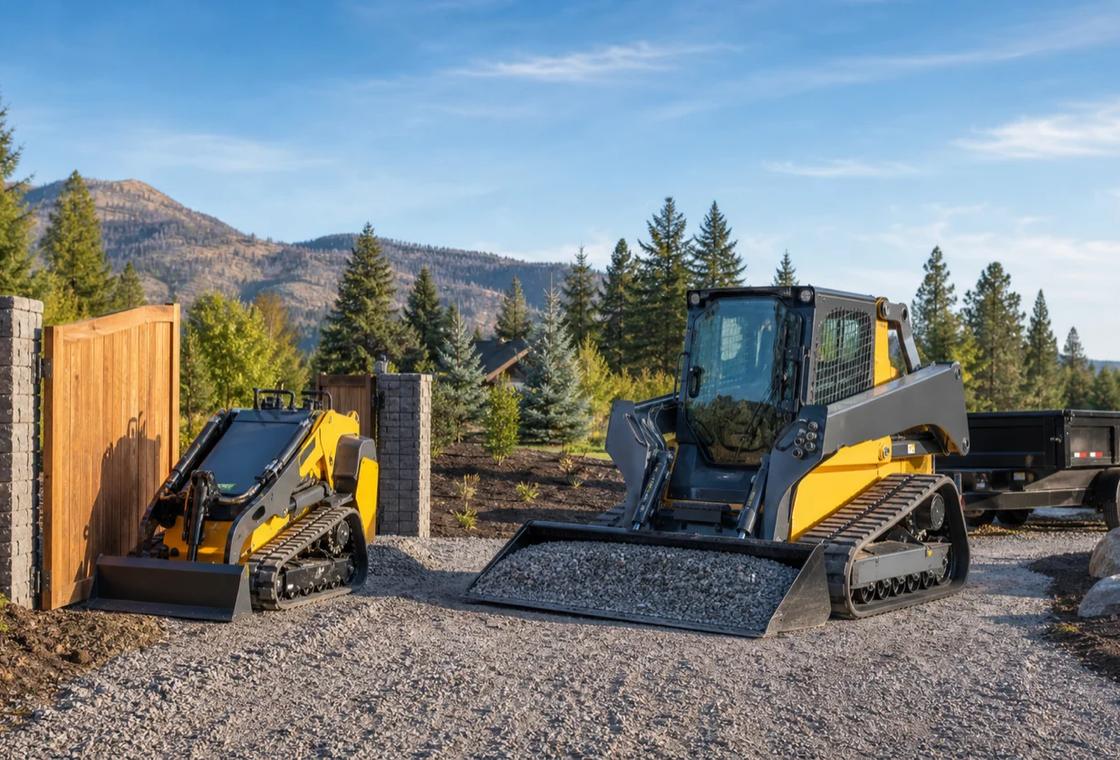 Narrow stand-on utility track loader beside a larger compact track loader at a landscaping jobsite