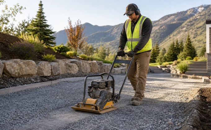 Contractor compacting a crushed-gravel base with a vibratory plate compactor