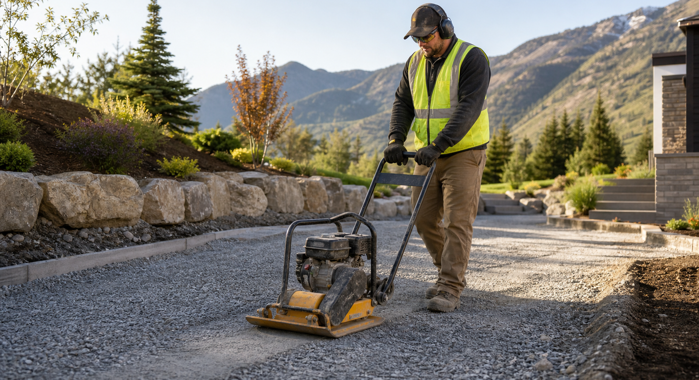 Contractor compacting a crushed-gravel base with a vibratory plate compactor