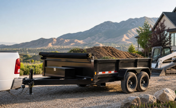 Black dump trailer loaded with soil at a Mountain West landscaping jobsite