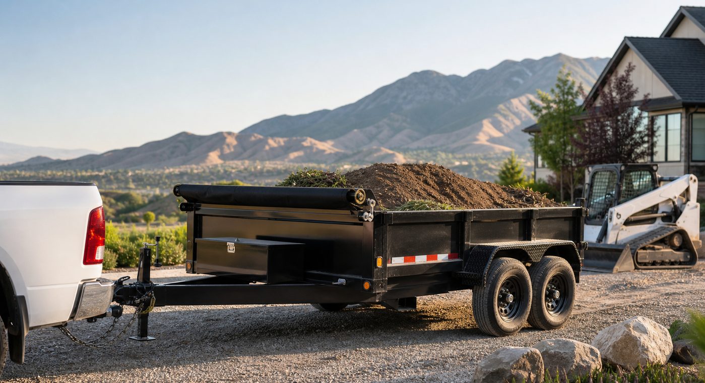 Black dump trailer loaded with soil at a Mountain West landscaping jobsite