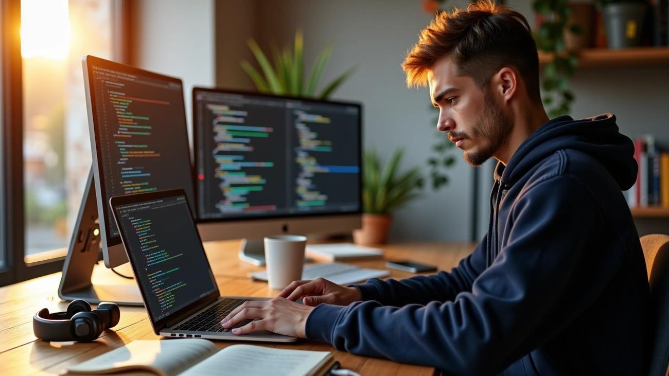 Software developer working with code on multiple screens in a modern home office