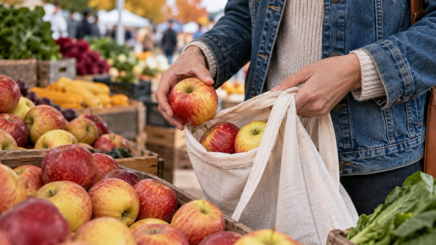 Hands select red and golden apples into a cloth bag at an outdoor market.
