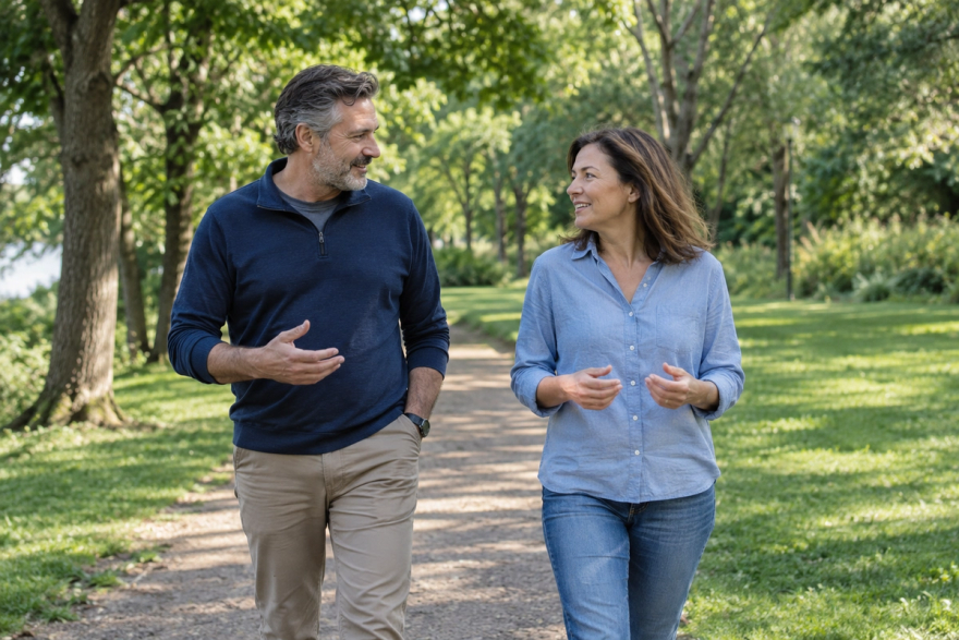 A middle-aged man and woman walk side by side on a tree-lined park path, talking with each other.
