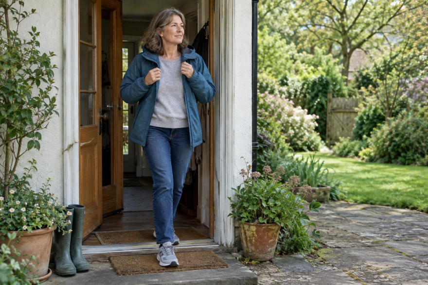 A woman in a blue jacket steps out of her home onto a garden path, ready for a walk.