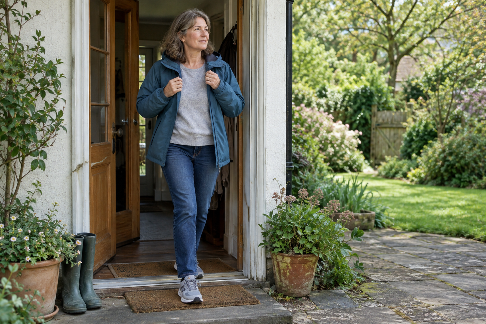 A woman in a blue jacket steps out of her home onto a garden path, ready for a walk.