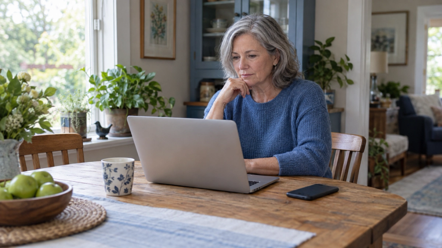 A grey-haired woman in a blue sweater looks at a laptop at her wooden home table, with a phone face down nearby.